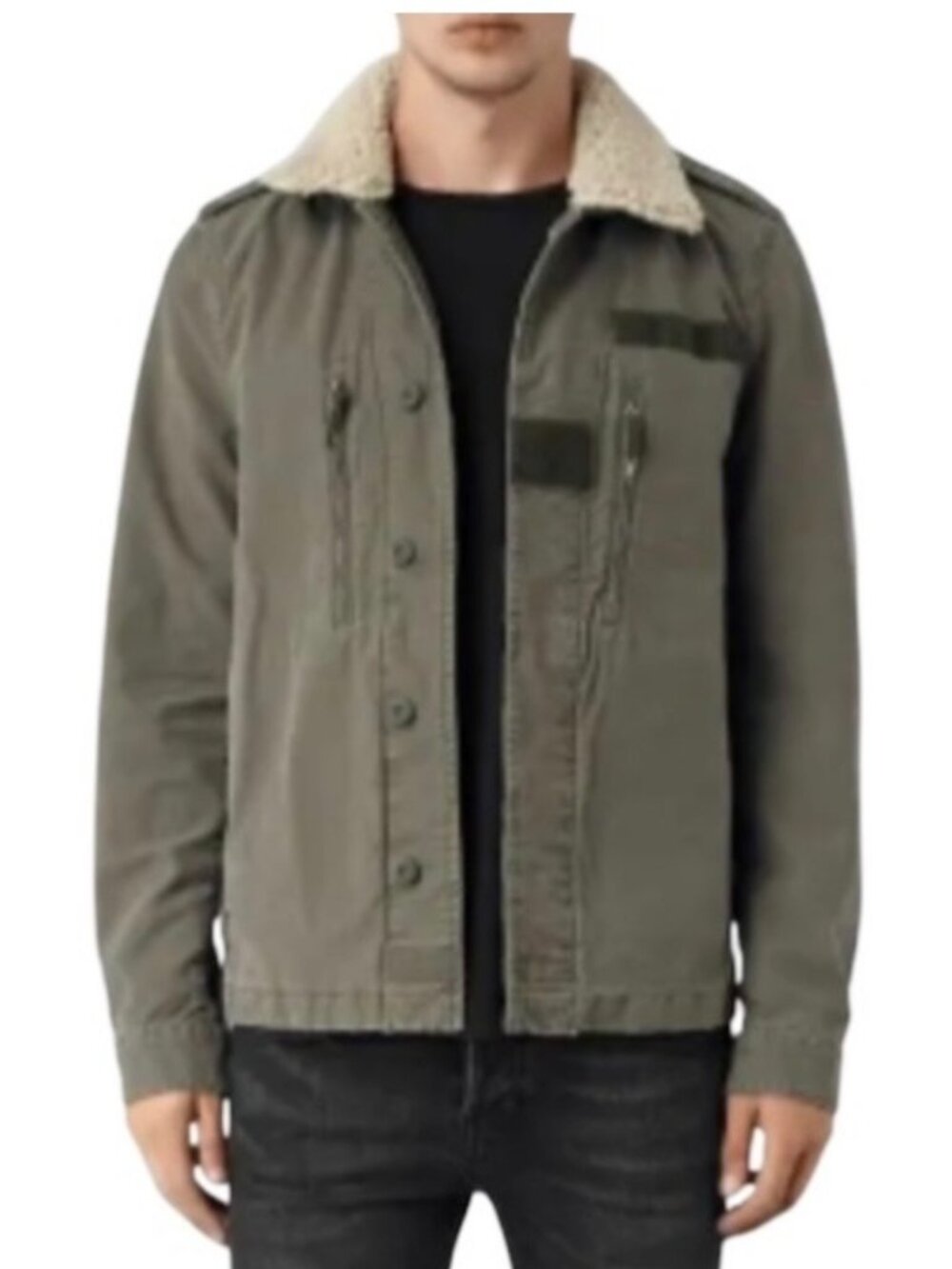AllSaints Mens Rai Jacket XXS 2XS Green Sheepskin Collar Military
